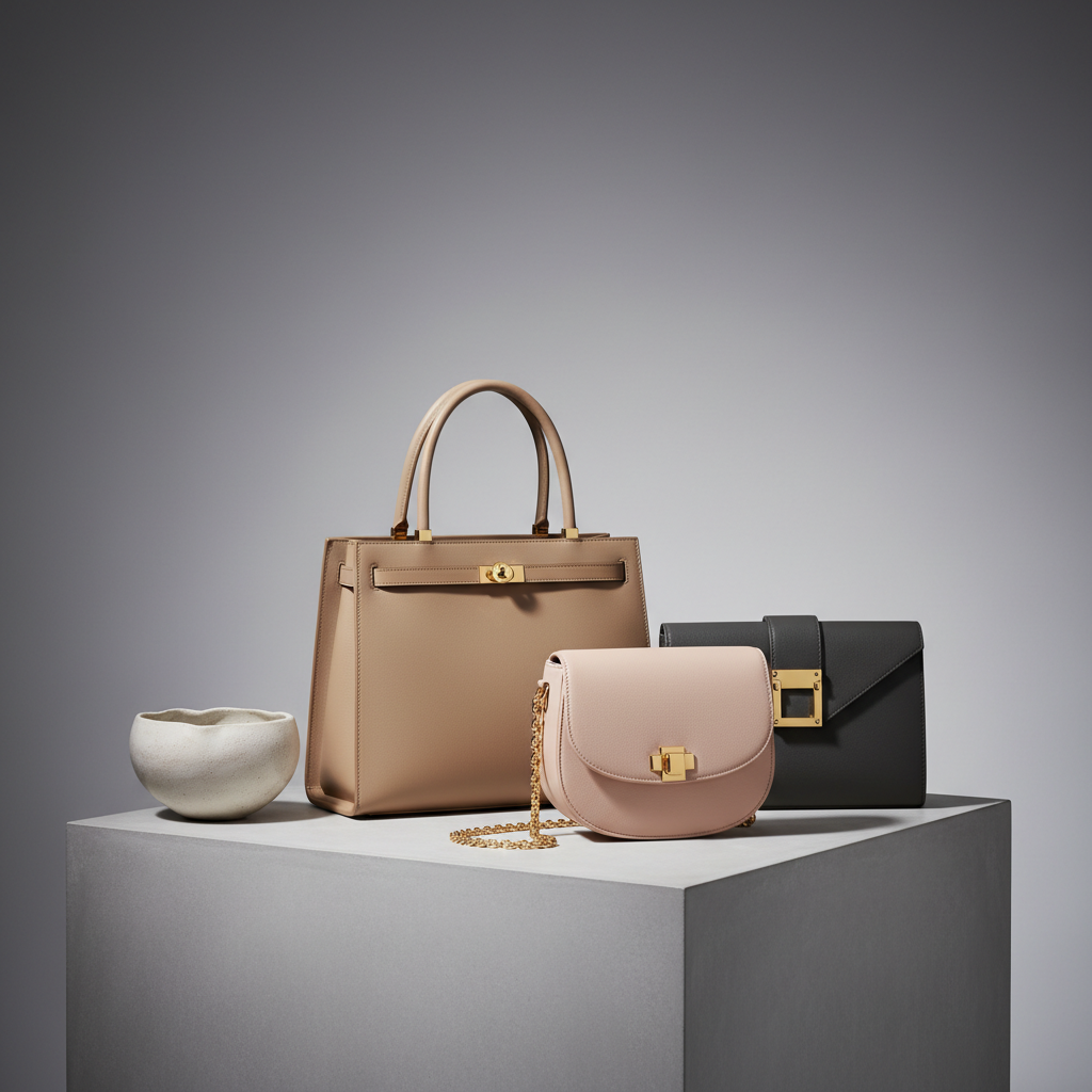 A sculptural arrangement of three minimalist luxury handbags in muted sand, pale blush, and deep charcoal, crafted from smooth fine-grain leather with elegant gold hardware. The pieces are arranged on a sleek, low-profile stone pedestal against a soft grey gradient backdrop, accompanied by a sculpted ceramic bowl for visual balance. Subtle studio lighting creates gentle highlights and smooth, understated gradients across the leather surfaces, accentuating the refined details while casting graceful, diffuse shadows. Framed with a slightly elevated angle, the composition emphasizes negative space and clarity, producing an atmosphere of quiet luxury and refinement—a photographic homage to premium women's accessories in a sophisticated fashion store.