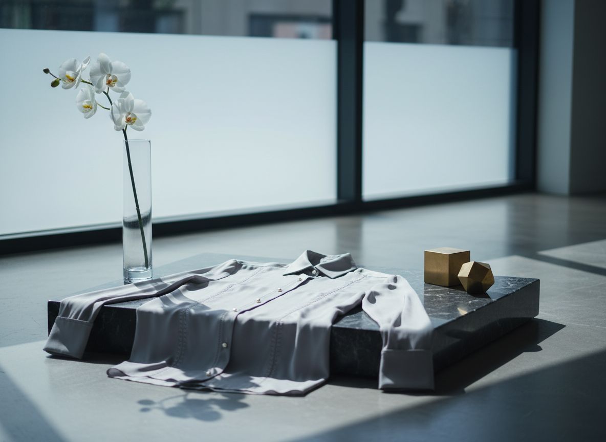 An exquisitely tailored silk blouse in soft dove grey, draped elegantly across a matte black marble display stand. The garment features intricate, refined stitching and delicate pearl-button details, with gently folded sleeves and a subtle sheen to the luxurious fabric. The blouse is surrounded by minimalist decor: a slender glass vase with a single white orchid and geometric brass accent pieces. Cool, diffused natural light streams through a frosted window, casting subtle shadows and highlighting the fluid textures. Captured at eye-level with a gentle focus that softly blurs the understated backdrop, this photographic image evokes a sophisticated and serene mood, perfectly representing luxury women's fashion in a minimalist, high-end retail environment.